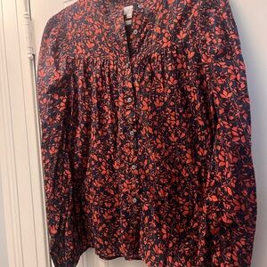 LOFT Black and Red Smocked Blouse with Mandarin Collar